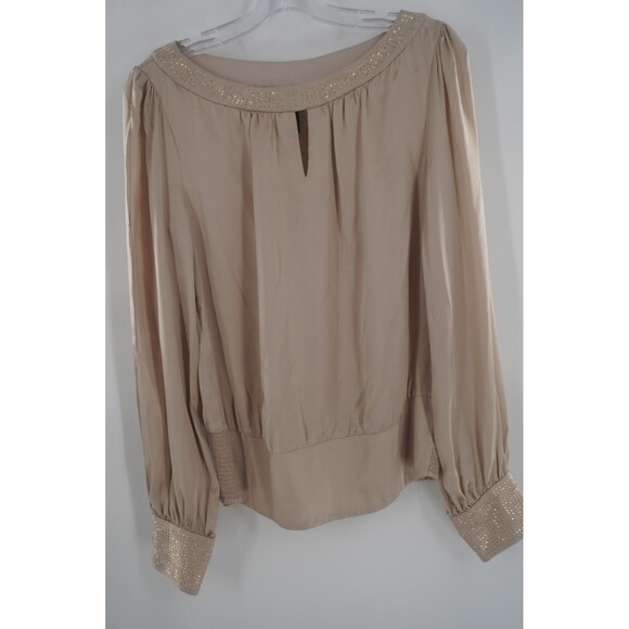 White House Black Market Beige Embellished Long Sleeve Keyhole silk Blouse Sz 6 - Picture 2 of 12